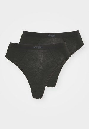 Black cotton thong underwear, featuring a smooth texture, elastic waistband with logo, and lightweight design. Two pairs included.