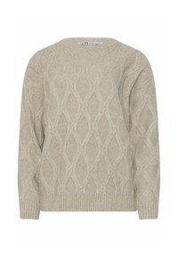 Lys beige strikket sweater med et tekstureret diamantmønster, rund halsudskæring og ribkantede ærmer og kant.
