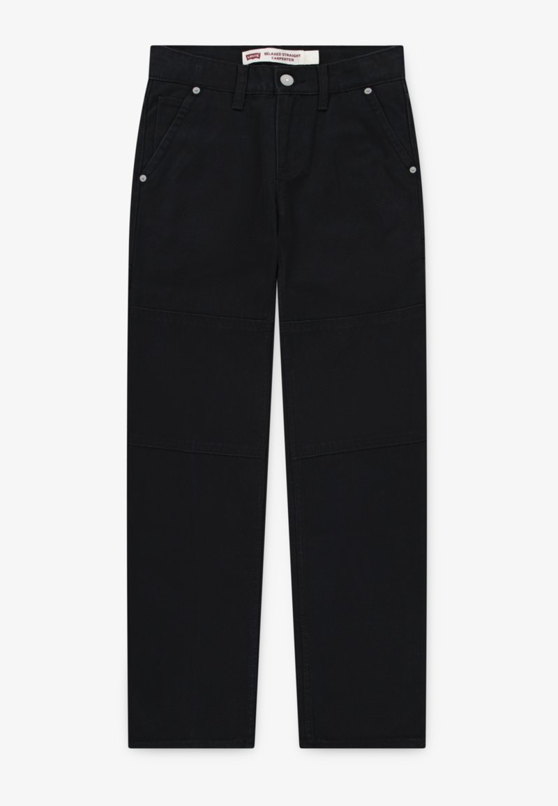 Pantalon de charpentier noir, droit et décontracté, avec fermeture à bouton, passants de ceinture, poches latérales et arrière, et détails aux genoux.