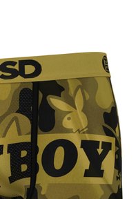 Kamufliažo rašto boxeriai geltonos ir juodos spalvos atspalvių, su plačiu elastingu juosmeniu, kuriame yra kontrastingas logotipas ir grafikos detalės.