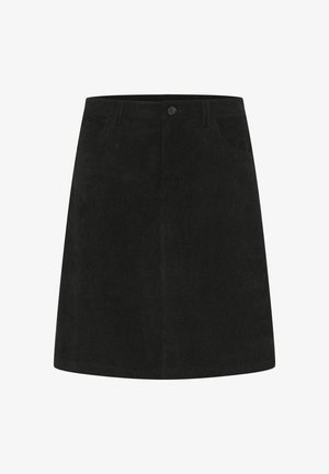 Schwarzer cordroyskirt mit glatter Oberfläche, featuring a button closure, zwei Fronttaschen und einer knielangen A-Linien-Silhouette.