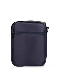 Borsa a tracolla in tessuto blu navy con tasca anteriore con zip, forma rettangolare, texture liscia e tracolla regolabile.