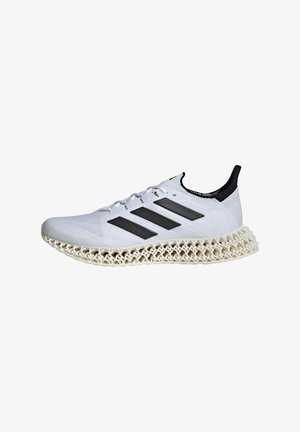 White athletic shoe with a textured upper, featuring three black stripes and a distinct lattice-patterned midsole. Black accents at the heel.