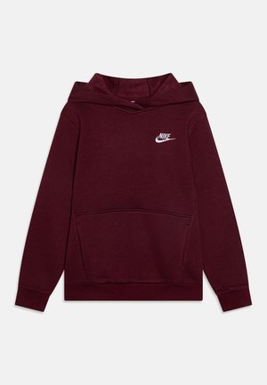 Bordowa bluza Nike z kapturem, z przednią kieszenią kangur, ściągaczami na rękawach oraz białym logo Nike na lewej piersi.