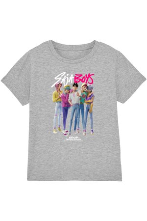 Five colorful animated male characters stand together under the text “Saja Boys” on a grey T-shirt.
