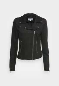 Svart fuskmockajacka med dragkedja framtill, notched krage, axelremmar och två sidofickor med dragkedja. Slät textur och figurnära design.