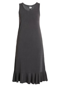 Szara sukienka bez rękawów z miękkiego materiału z falbaną u dołu. Gładka faktura, krój w literę A i okrągły dekolt.