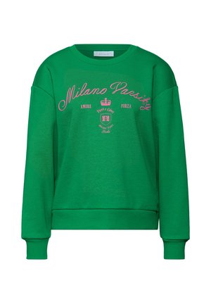 Groen sweatshirt met roze schrifttekst "Milano Paresty" en een kroonontwerp, geribbelde manchetten en een losse pasvorm. Zachte stoftextuur.