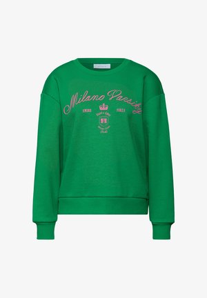 Grüner Pullover mit pinkem Schriftzug "Milano Paresty" und einer Kronendesign, gerippten Bündchen und einer lockeren Passform. Weiche Stofftextur.