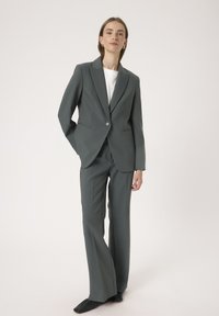 Siva prilegajoča se obleka, ki vključuje blazer z enim gumbom in zareznimi klapnicami, ujemajoče se hlače ravnega kroja ter gladko teksturo blaga.