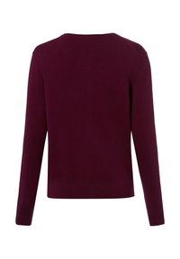Bordeauxrode gebreide trui, ronde hals, lange raglanmouwen, gladde textuur, aansluitende pasvorm, zonder patronen of versieringen.