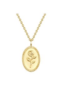 Collana con ciondolo in oro a forma ovale con un design floreale di rosa. La catena presenta un motivo di anelli testurizzati e una finitura lucida.