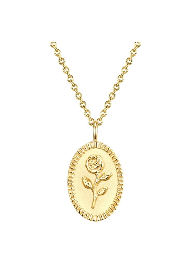 Collana con ciondolo in oro a forma ovale con un design floreale di rosa. La catena presenta un motivo di anelli testurizzati e una finitura lucida.