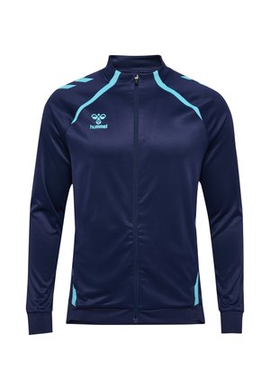 Marineblauwe sportjas met ritssluiting en lichtblauwe accenten op de schouders, zijkanten en het hummel-logo op de linkerborst.
