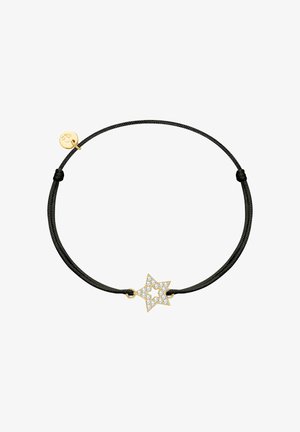 Mustristid musta nööriga käevõru, millel on kuldne tähekaunistus, millel on selged kristallid, kinnitatud lihtsa sõlme ja väikese kuldtägi abil.