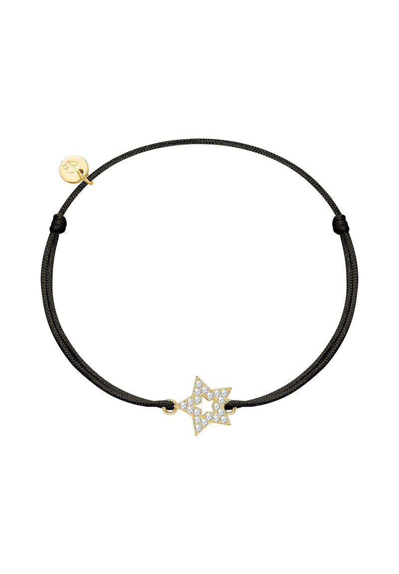 Juodas virvės apyrankė su aukso žvaigždute, puošta skaidriais kristalais, sujungta paprastu mazgu ir maža auksine etikete.