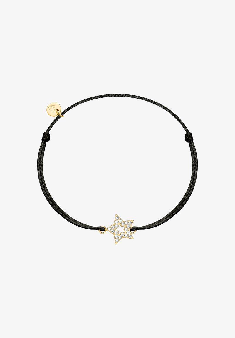 Juodas virvės apyrankė su aukso žvaigždute, puošta skaidriais kristalais, sujungta paprastu mazgu ir maža auksine etikete.
