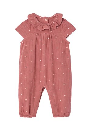 Dusty pink baby romper with short sleeves, ruffled collar, elastic leg cuffs, and small white heart patterns.
