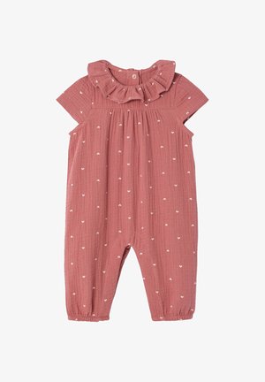 Staubrosa Baby-Strampler mit kurzen Ärmeln, Rüschenkragen, elastischen Beinabschlüssen und kleinen weißen Herzmustern.