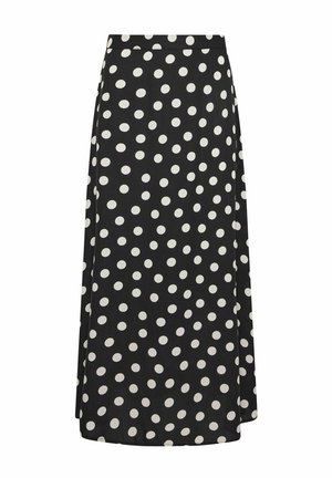 Falda midi negra con lunares blancos, corte recto y cinturilla, exhibida sobre un fondo blanco.