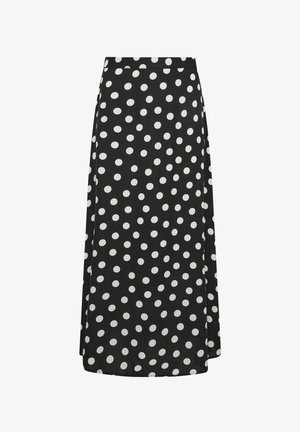 Falda midi negra con lunares blancos, corte recto y cinturilla, exhibida sobre un fondo blanco.