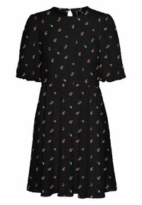 Schwarzes Kleid aus strukturiertem Stoff mit kurzen Puffärmeln, das ein florales Muster in Rosa und Weiß aufweist; runder Ausschnitt und weit ausgestellter Rock.