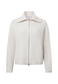 Witte geribbelde gebreide zip-up jas met een gestructureerde kraag en lange mouwen, voorzien van een rits aan de voorkant en een ontspannen pasvorm.