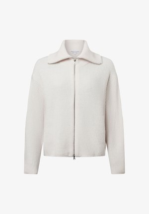 Weißer gerippter Strick-Zip-Jacke mit strukturiertem Kragen und langen Ärmeln, ausgestattet mit einem Frontreißverschluss und einem lässigen Schnitt.