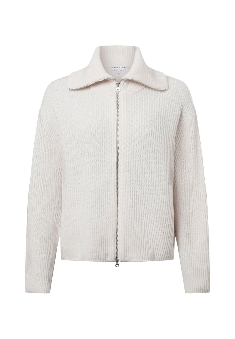 Witte geribbelde gebreide zip-up jas met een gestructureerde kraag en lange mouwen, voorzien van een rits aan de voorkant en een ontspannen pasvorm.