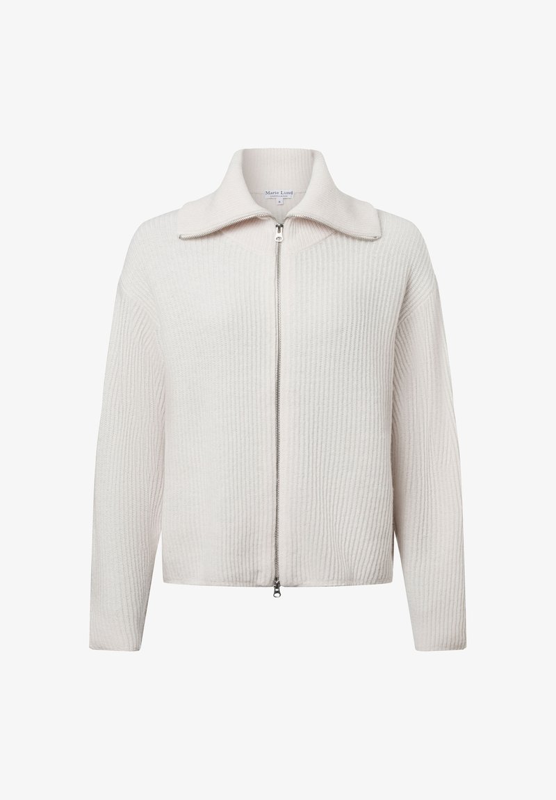 Weißer gerippter Strick-Zip-Jacke mit strukturiertem Kragen und langen Ärmeln, ausgestattet mit einem Frontreißverschluss und einem lässigen Schnitt.