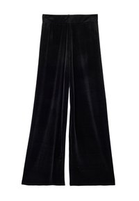 Sorte fløjl brede benbukser med en glat tekstur, der har en høj talje og et flydende design, der går helt ned til gulvet.