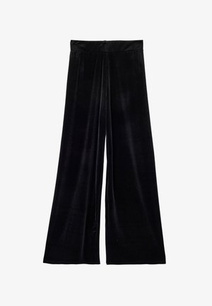 Schwarze Samthose mit weitem Bein, glatter Textur, hoher Taille und einem fließenden Design, das bis zum Boden reicht.