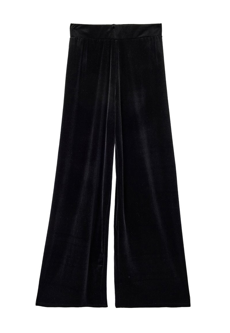 Sorte fløjl brede benbukser med en glat tekstur, der har en høj talje og et flydende design, der går helt ned til gulvet.