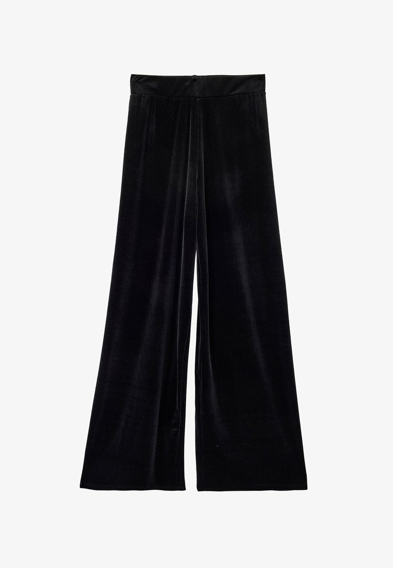 Sorte fløjl brede benbukser med en glat tekstur, der har en høj talje og et flydende design, der går helt ned til gulvet.