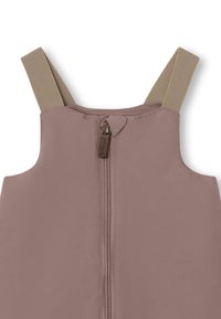 Støvete rosa ærmeløs plagg med en sentral glidelås. Skulderstroppene er beige med preget design, har rund halslinning og glatt tekstur.