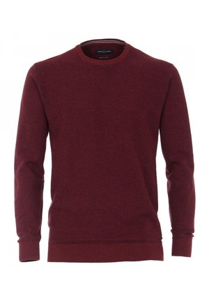 Miesten pitkähihaisen pyöreäkauluksisen neulepuseron väri on yhtenäinen Bordeaux'npunainen, valmistettu neulotusta kankaasta, jossa on resorit hihansuissa ja helmassa.