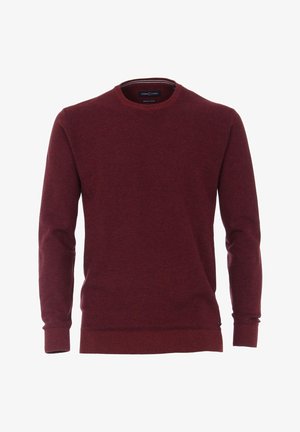 Pull pour homme à manches longues et col rond, en tissu tricoté uni de couleur bordeaux, avec poignets et ourlet côtelés.