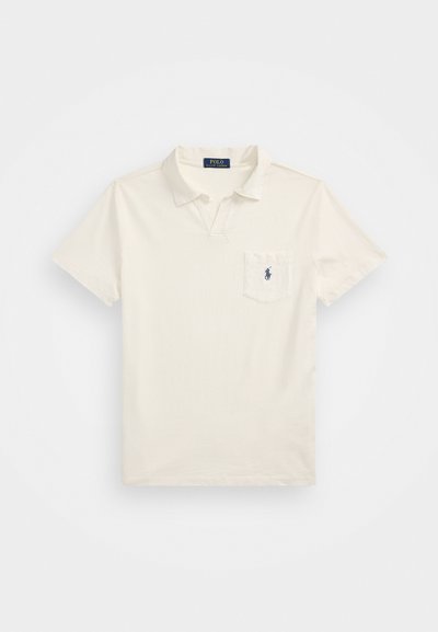Short-sleeve polo shirt in off-white cotton. Features a three-button placket, collar, and a small blue logo on the left chest pocket.
