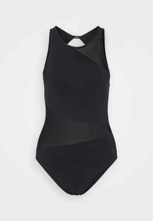 Bañador negro de una sola pieza con una mezcla de paneles sólidos y transparentes, que presenta un diseño de espalda nadadora y un acento texturizado en la sección inferior.