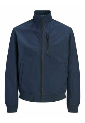 Veste bleu marine zippée avec col montant, deux poches latérales, une poche poitrine zippée et poignets et ceinture côtelés.