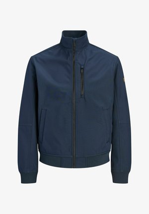 Veste bleu marine zippée avec col montant, deux poches latérales, une poche poitrine zippée et poignets et ceinture côtelés.