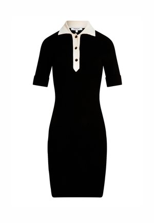 Abito nero a coste con colletto polo crema, tre bottoni sul davanti e maniche corte, caratterizzato da una silhouette aderente.
