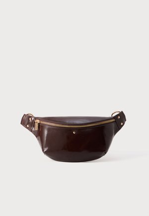 Dark brown glossy leather waist bag with gold zipper and hardware, minimalist design, resting on a plain white background.