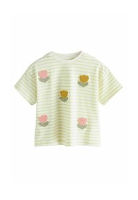 T-shirt rayé vert avec des fleurs brodées roses et dorées, accompagnées de feuilles vertes, à manches courtes et col rond.