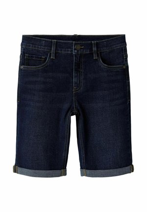 Tumši zilas džinsa šorti ar gludu tekstūru, ar aplocītu apmali, piecām kabatām un kontrastējošu šuvi gar šuvēm.