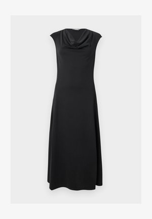 Robe midi noire sans manches avec un décolleté drapé en col bénitier et un ourlet légèrement évasé, présentée sur un fond uni.