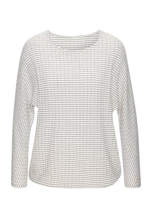 Long-sleeved top in white fabric with horizontal navy stripes. Features a round neckline and loose fit. Soft texture with minimal stitching details.