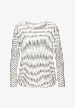 Haut à manches longues en tissu blanc avec des rayures horizontales bleu marine. Présente un col rond et une coupe ample. Texture douce avec des détails de couture minimaux.