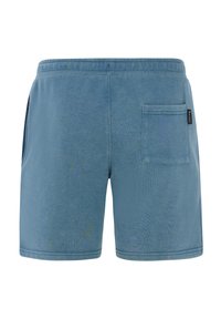 Shorts bleu clair en coton doux, dotés d'une taille élastique, de poches latérales et d'une poche arrière unique avec une étiquette.