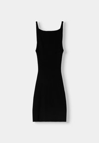 Black ribbed dress with a fitted shape, square neckline, and slim spaghetti straps. The texture is smooth and stretchy.